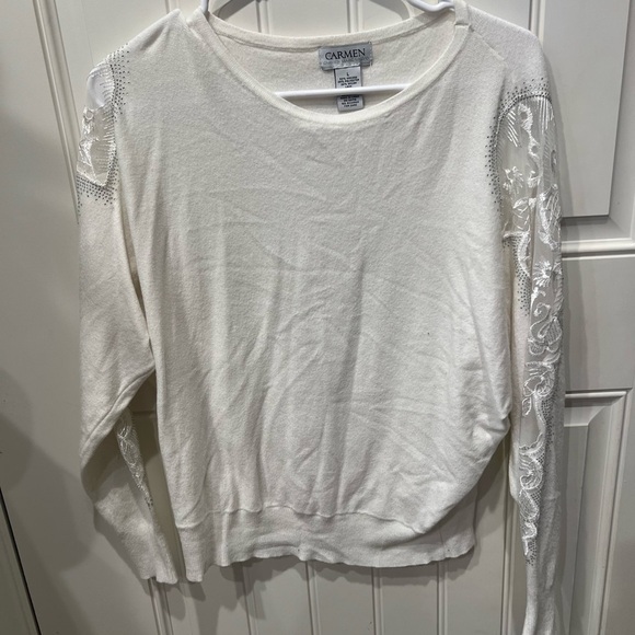 NWOT Large Carmen White Sweater with Delicate Lace and Bedazzled Jewels - Picture 9 of 9